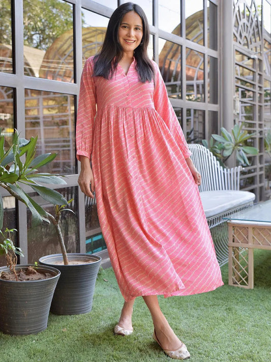 Pink Printed Rayon Fit and Flare Dress by My Store