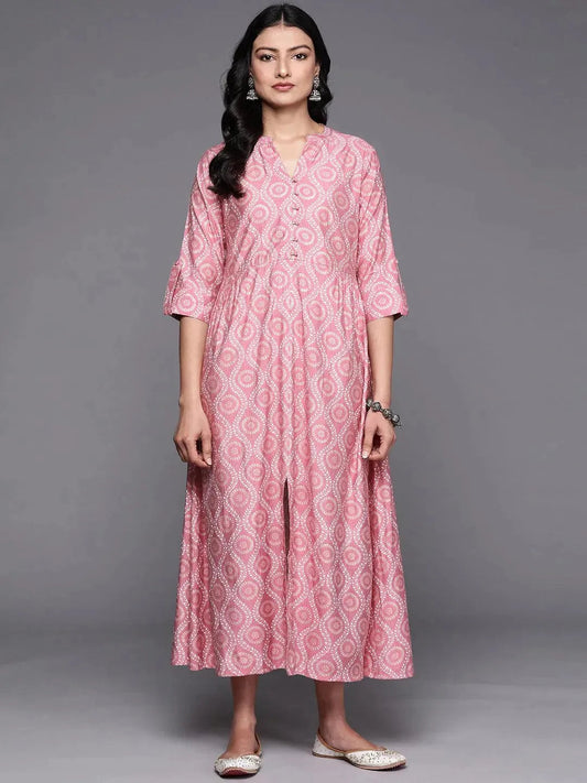 Pink Printed Silk Fit and Flare Dress by My Store