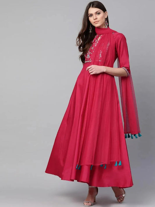 Pink Yoke Design Chanderi Dress With Dupatta by My Store