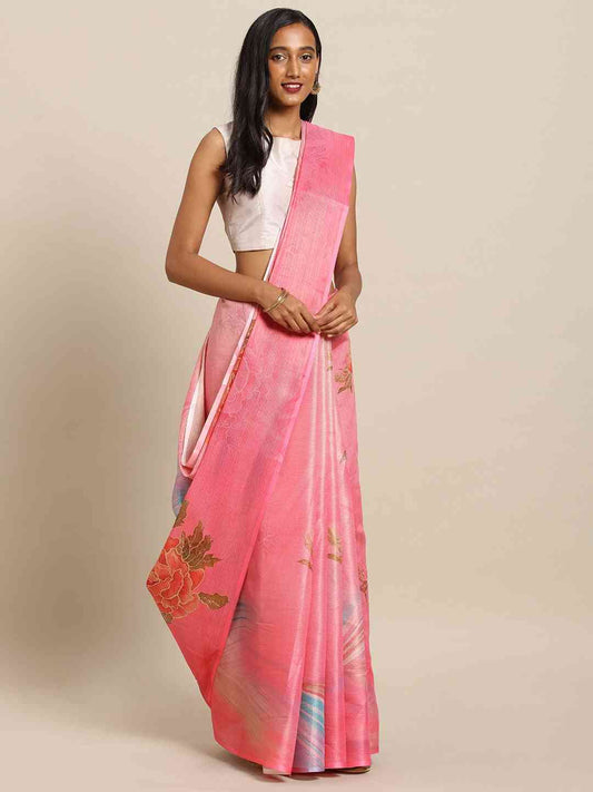 Maheshwari Floral Pink Colour Printed Saree With Zari Border by My Store