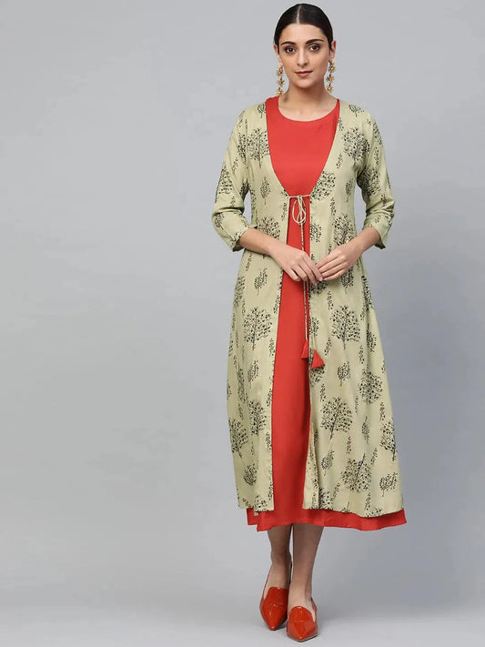 Red Solid Rayon Dress With Shrug by My Store