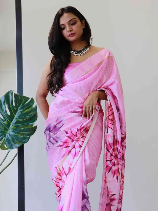 Tie dye Digital printed Satin Kota Doriya Designer Party Wear Saree in Pink Colour