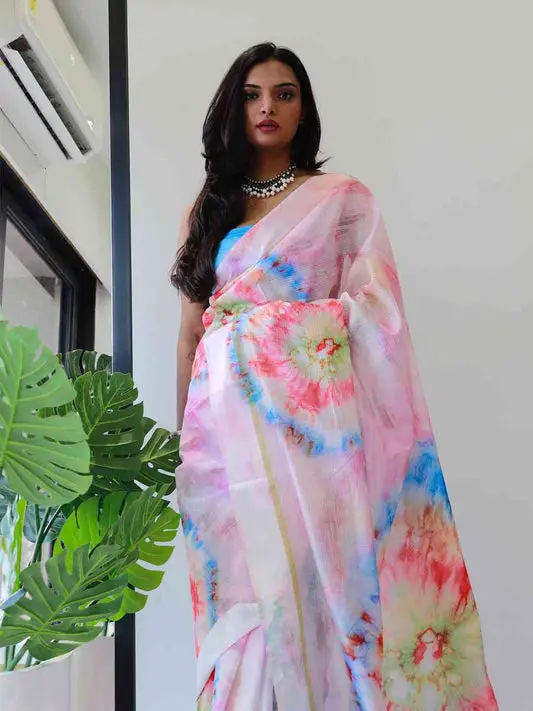 Tie dye Digital printed Satin Kota Doriya Designer Party Wear Saree in Multicolour
