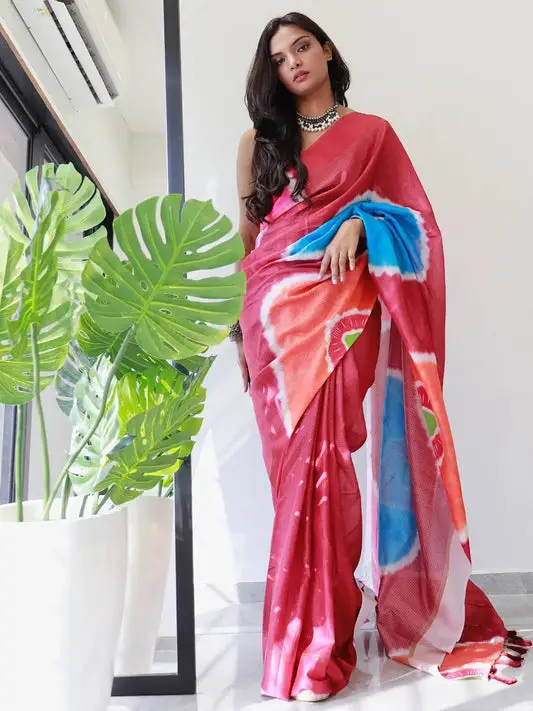 Tie dye Digital printed Satin Kota Doriya Designer Party Wear Saree in Red Colour