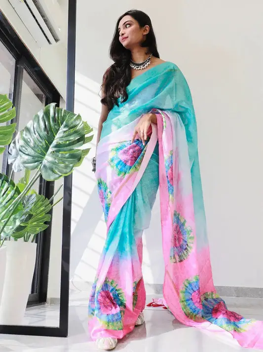 Tie dye Digital printed Satin Kota Doriya Designer Party Wear Saree in Pink Colour