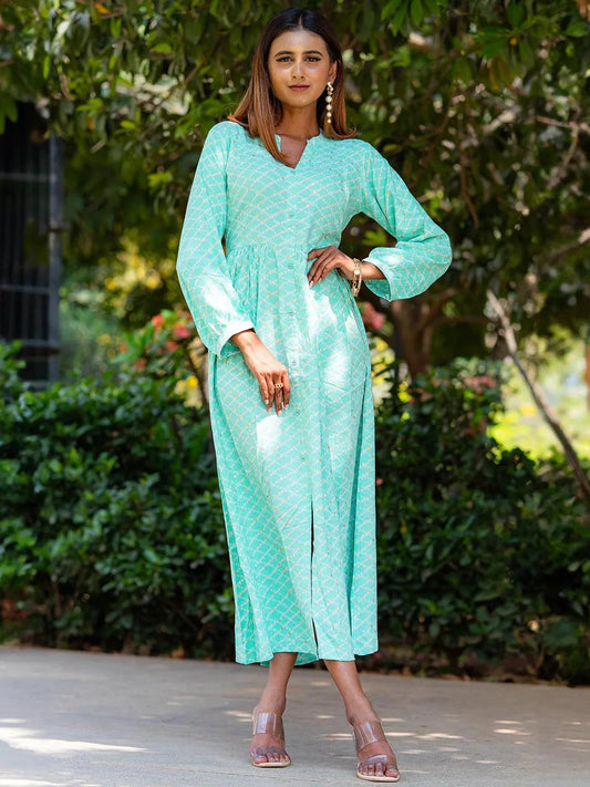 Sea Green Printed Rayon Fit and Flare Dress by My Store