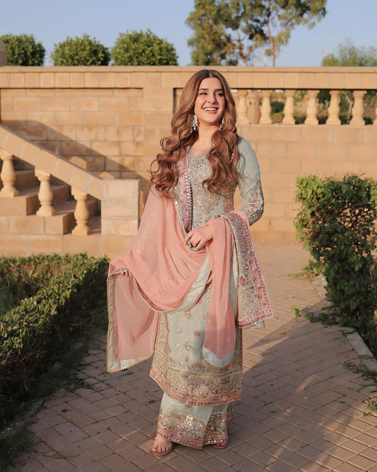 Shriyanshi Sky Blue Embroidered Kurti Sharara Set by My Store