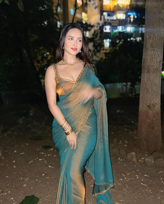Elegant shimmer Tissue Teal Blue saree Lightweight & Stylish Drape by My Store