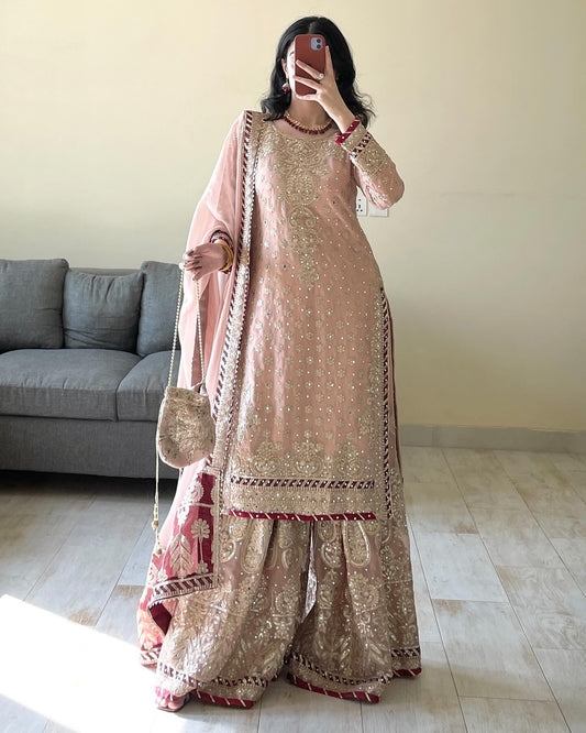 Vihana Pink Embroidered Kurti Sharara Set by My Store