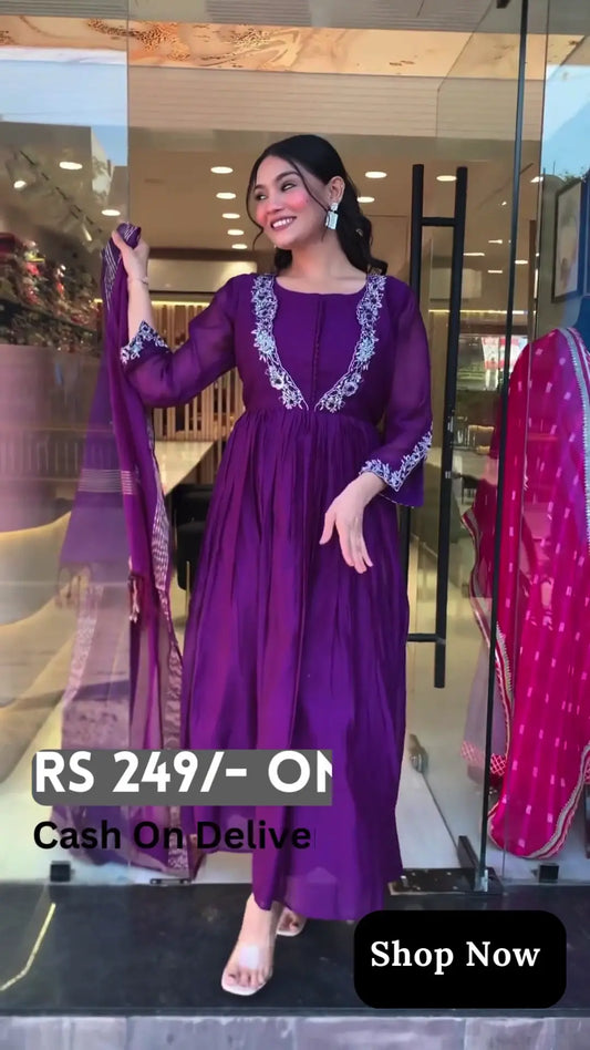 Purple Embroidered Flowy Anarkali Dress - My Store