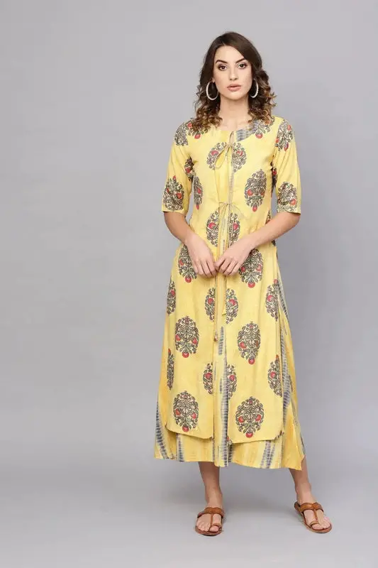 Yellow Printed Rayon Dress With Jacket
